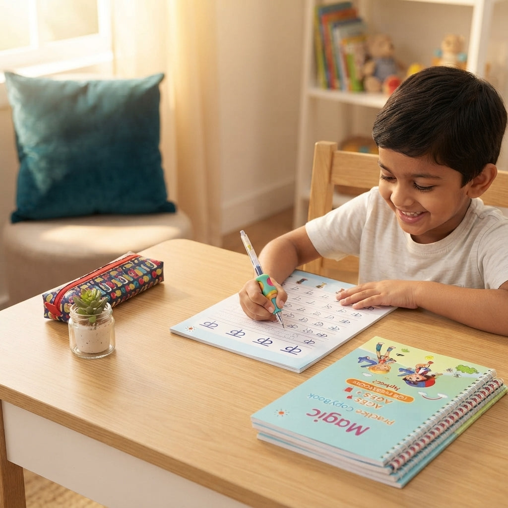 A young Indian child practicing handwriting in a Magic Practice CopyBook at a sunlit wooden desk.