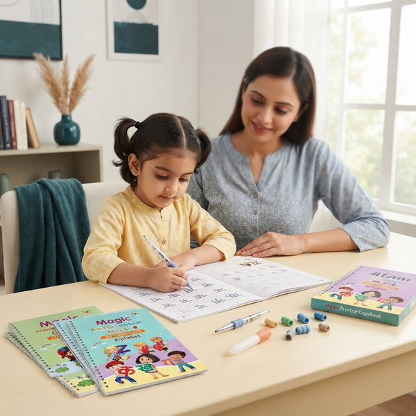 An Indian mother and daughter practicing handwriting together using a Magic Practice CopyBook set on a wooden desk.