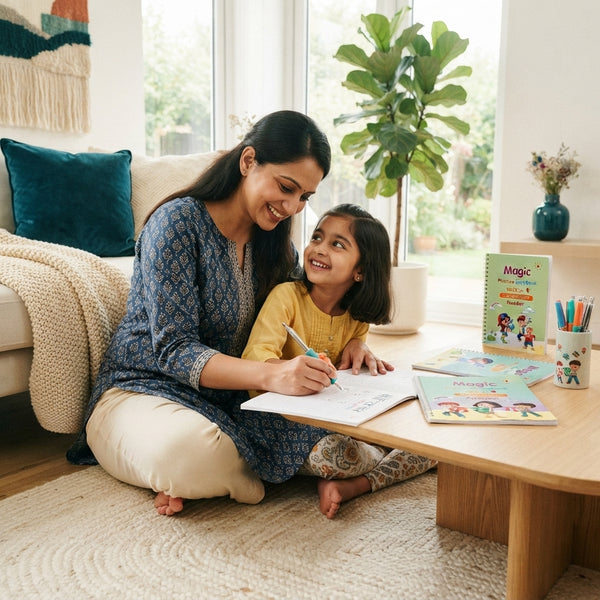 A young Indian mother and daughter sitting on a cream rug practicing handwriting with a Magic Practice CopyBook.