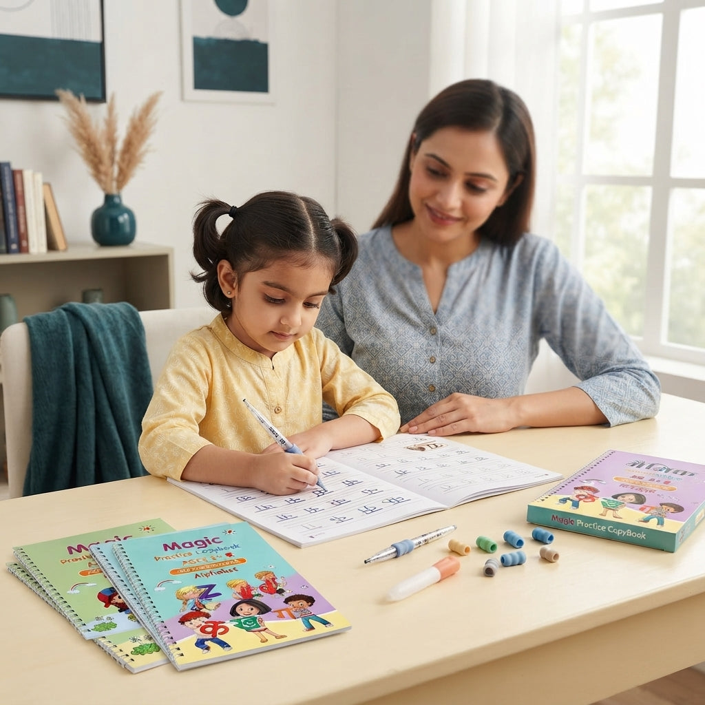 An Indian mother and daughter practicing handwriting together using a Magic Practice CopyBook set on a wooden desk.