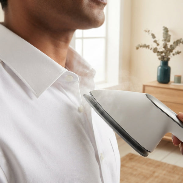 A close-up of a portable iron's triangular tip smoothing a white shirt collar, highlighting precision around buttons.