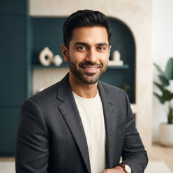 Arjun Khanna, a South Asian influencer, posing for a professional portrait in a modern, well-lit studio setting.
